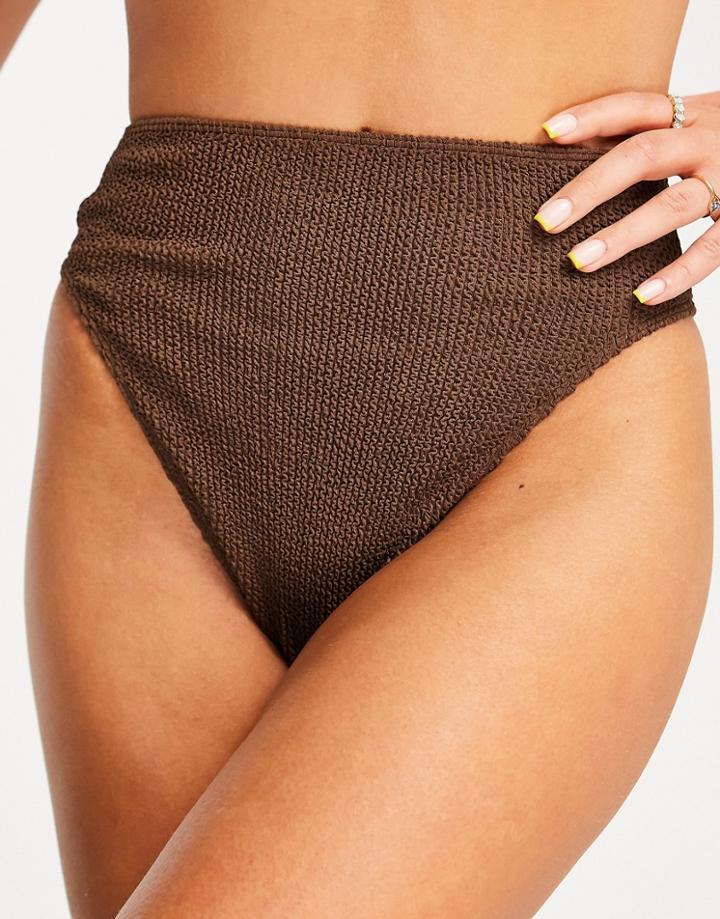 Asos Design Mix And Match Crinkle High Leg High Waist Bikini Bottom In Chocolate Brown