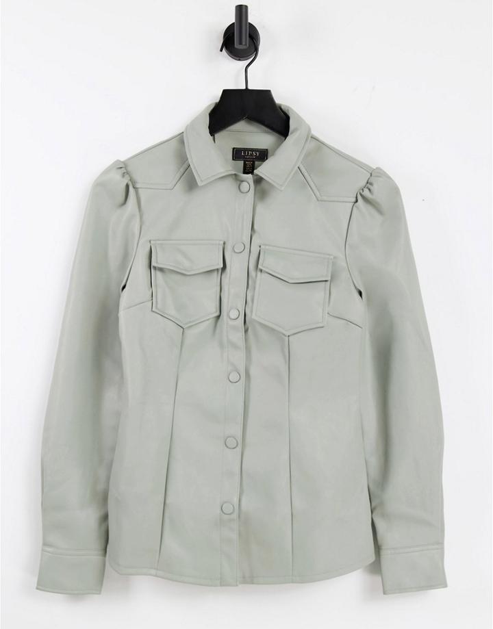 Lipsy Faux Leather Shirt In Sage-green