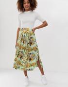 Asos Design Pleated Midi Skirt With Buttons In Scarf Print - Multi