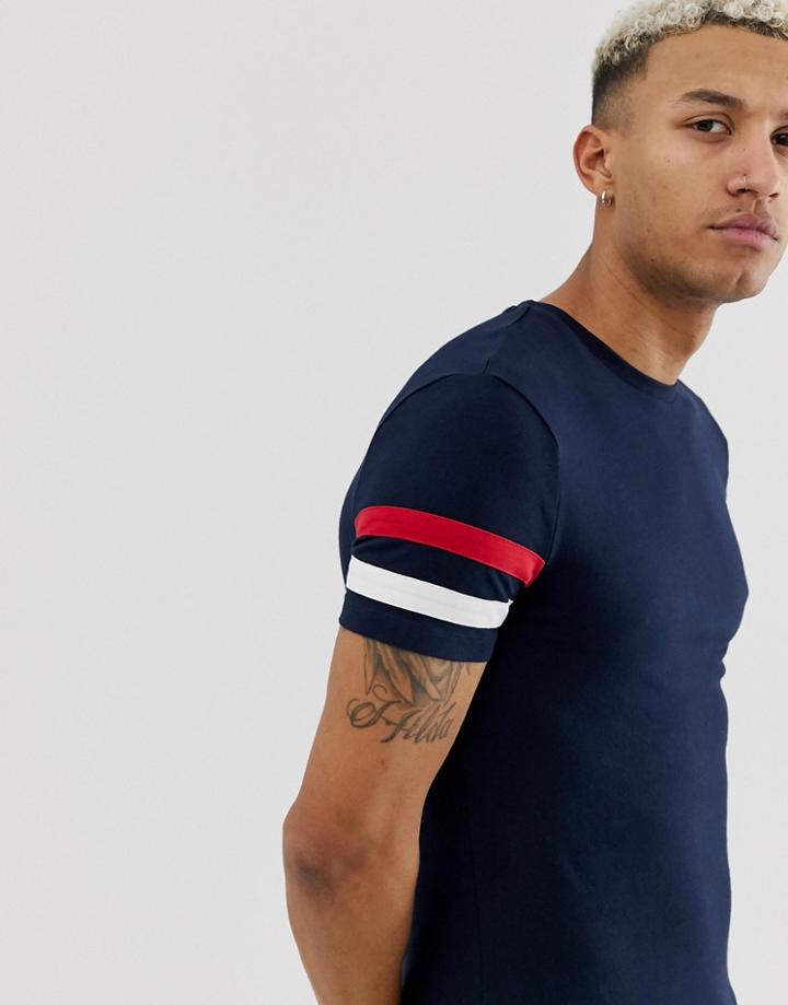 Asos Design Organic Cotton Muscle Fit T-shirt With Contrast Sleeve Stripe In Navy