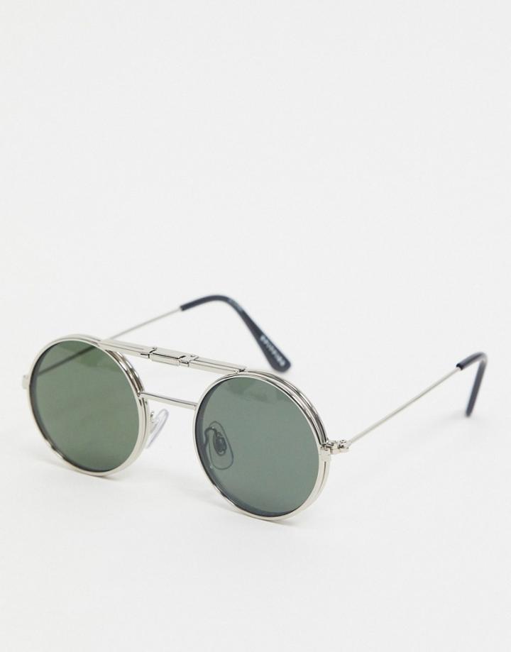 Spitfire Lennon Round Flip Up Glasses In Silver With Green Lens
