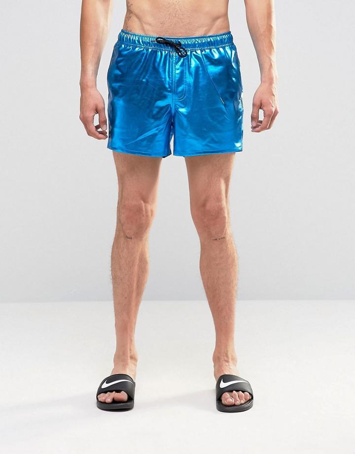 Asos Swim Shorts In Metallic Teal Short Length - Blue
