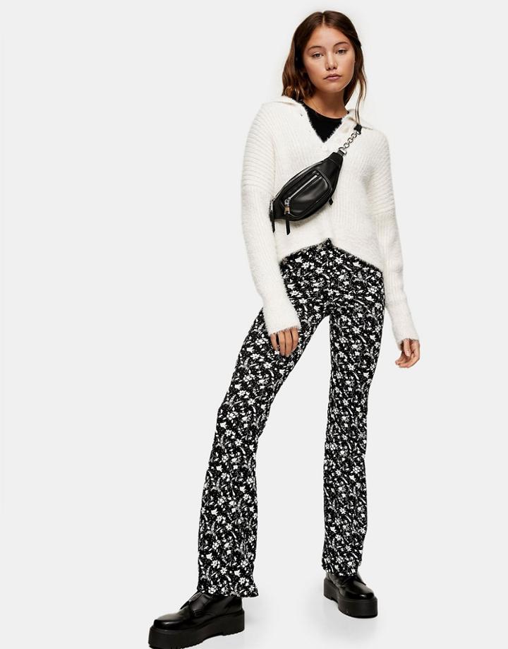 Topshop Floral Print Flared Pants In Monochrome-brown