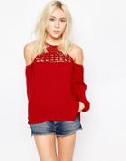 Influence Cheesecloth Cold Shoulder Top With Embroidered Detail - Chilli Red