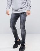 Asos Super Skinny Jeans With Double Zip And Biker Details In Washed Bl