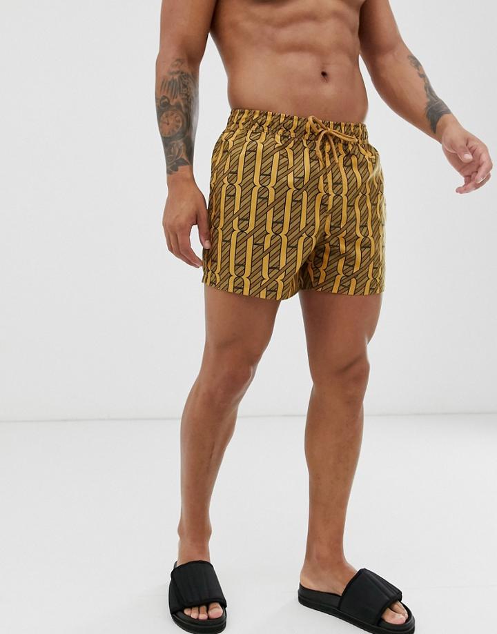 Asos Design Swim Short In Monogram Print Short Length - Multi