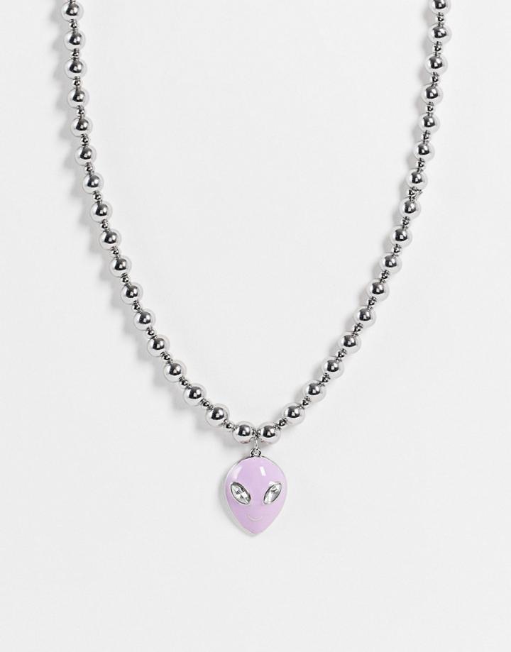 Asos Design Necklace With Alien Pendant In Silver Tone