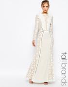 Jarlo Tall Long Sleeved V Neck Maxi Dress With Lace Panels - Cream