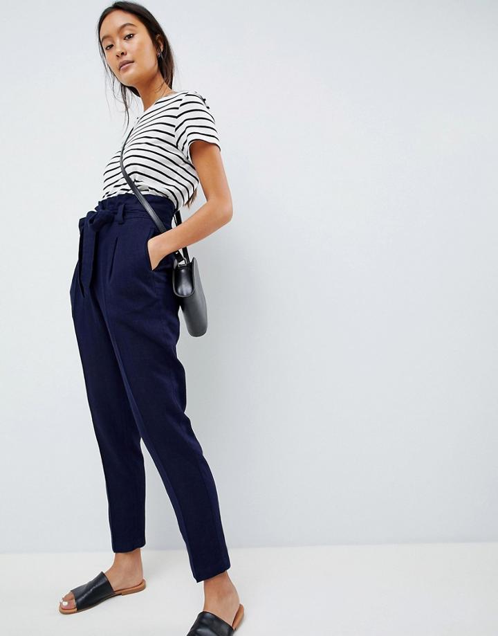 Asos Design Tailored Casual Tie Waist Linen Peg Pants - Navy