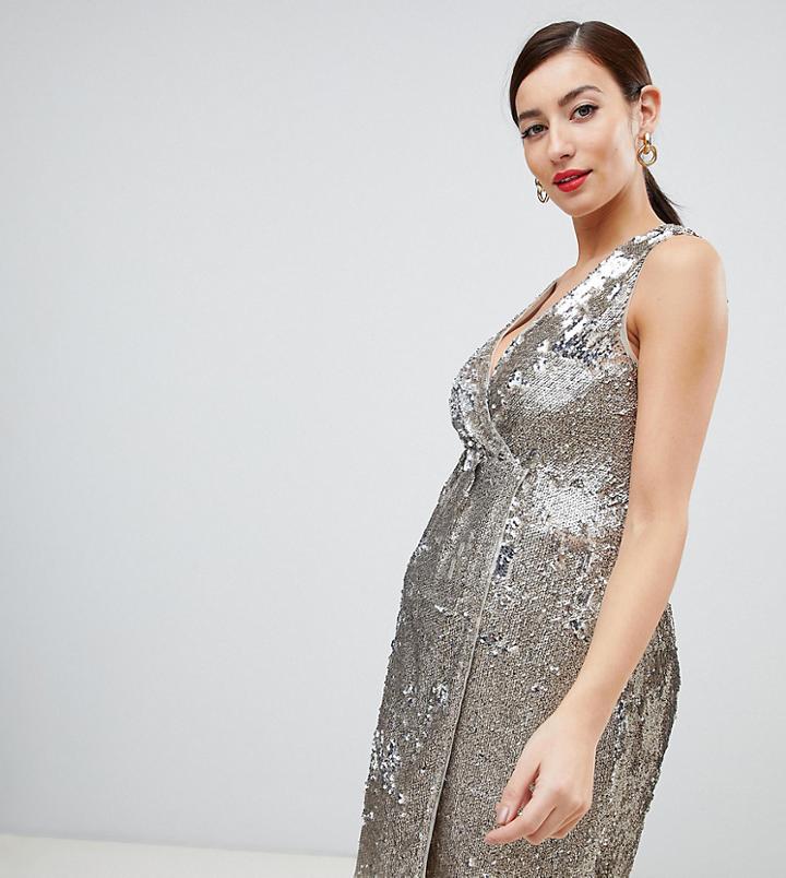 Tfnc Maternity Sequin Midi Wrap Dress In Gold - Gold