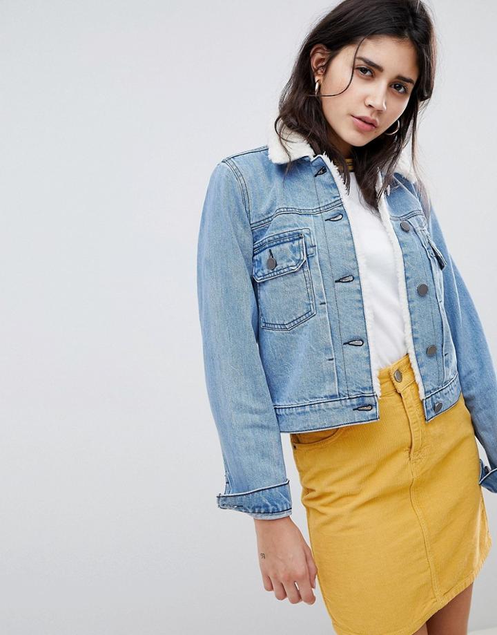 Asos Design Denim Shrunken Jacket With Fleece Collar In Midwash Blue