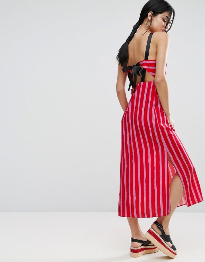 Asos Maxi Dress With Grosgrain Straps And Tie Back In Stripe Print - Multi