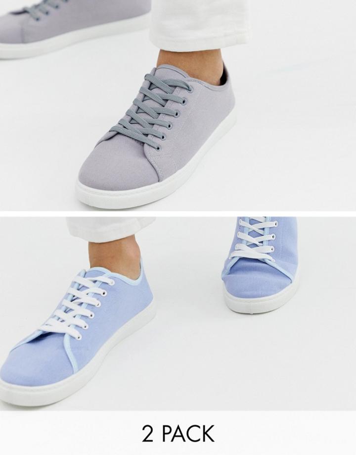 Truffle Collection Two Pack Lace Up Plimsolls In Gray And Blue - Multi