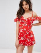 Parisian Cold Shoulder Floral Romper With Ruffle Detail - Red