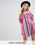 Asos Maternity Off Shoulder Stripe Dress With Embroidery - Multi