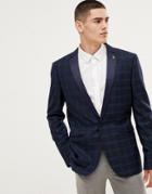 Farah Birsthwith Party Skinny Blazer In Check With Satin Lapel - Navy