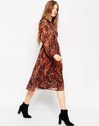 Asos Long Sleeve Midi Dress In Folk Print With Embellishment - Multi