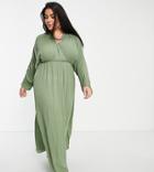 Asos Design Curve Plunge Front Beach Maxi Dress In Khaki-green