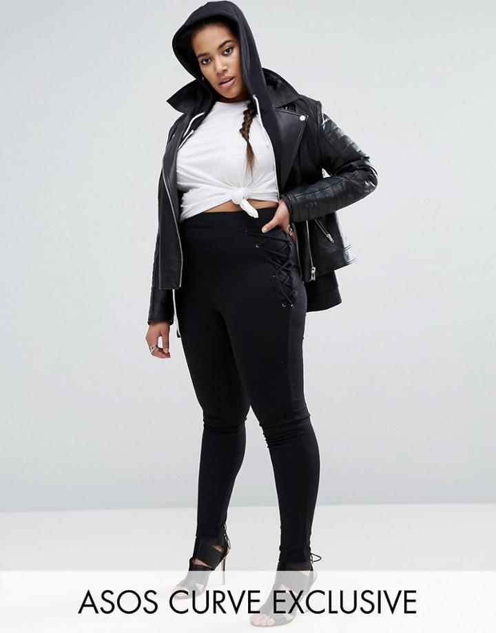 Asos Curve High Waist Ponte Tregging Eyelet Tie Sides - Black