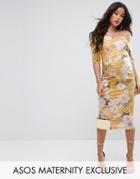 Asos Maternity Bardot Dress With Half Sleeve In Yellow Base Floral Print - Multi