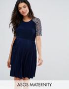 Asos Maternity Pleat And Lace Mini Dress - Navy