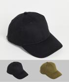 Asos Design 2-pack Baseball Cap In Black And Khaki Cotton-multi