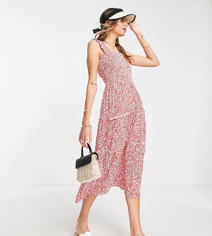 Vero Moda Tall Shirred Midi Dress In Bright Red Floral