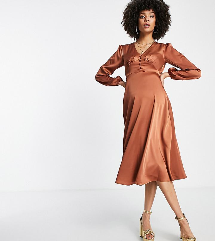 Flounce London Maternity Buttoned Midi Dress In Cinnamon Satin-orange