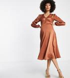 Flounce London Maternity Buttoned Midi Dress In Cinnamon Satin-orange