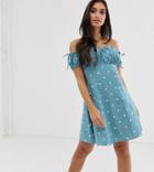 Asos Design Petite Off Shoulder Mini Sundress With Ruched Bust In Polka Dot - Multi