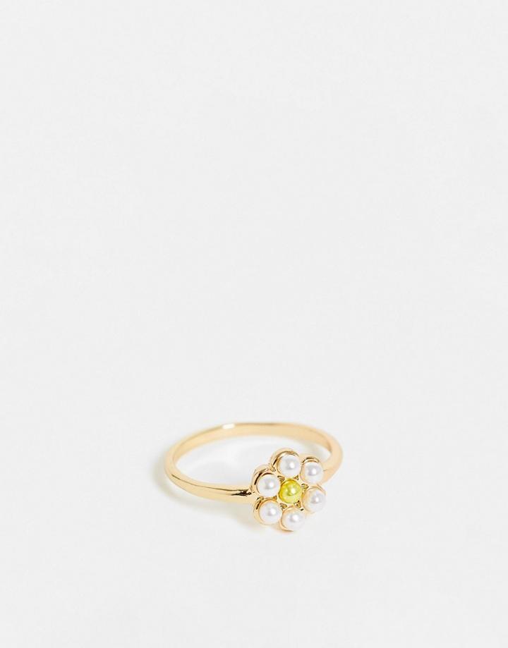 Topshop Faux Pearl Daisy Ring In Gold