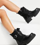 Simmi London Wide Fit Kai Chunky Lace Up Boots With Buckles In Black