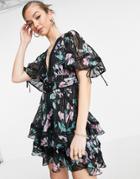 Asos Design Tiered Mini Dress With Puff Sleeve In Burnout Stripe In Dark Floral-multi