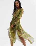 Asos Design Drop Waist Shirred Floral Midaxi Dress-multi