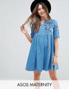 Asos Maternity Denim Smock Dress In Mid Wash Blue With Embroidery - Blue