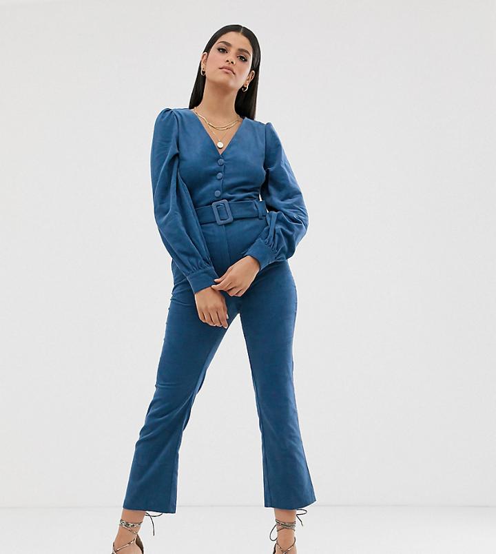 Fashion Union Tall Button Down Jumpsuit In Jumbo Cord With Belt Detail - Blue