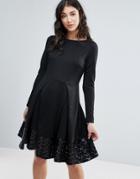Traffic People Long Sleeve Skater Dress With Pleat Detail - Black