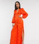 Asos Design Tall Satin Jumpsuit With Blouson Sleeve In Orange Floral Jacquard