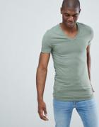 Asos Design Muscle Fit T-shirt With V Neck And Stretch In Green - Green