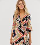 Outrageous Fortune Ruffle Wrap Dress With Fluted Sleeve In Scarf Print-multi