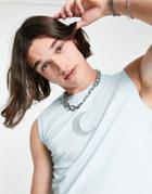Asos Design Shrunken Fit Tank Top In Light Blue With Moon Embroidery Print
