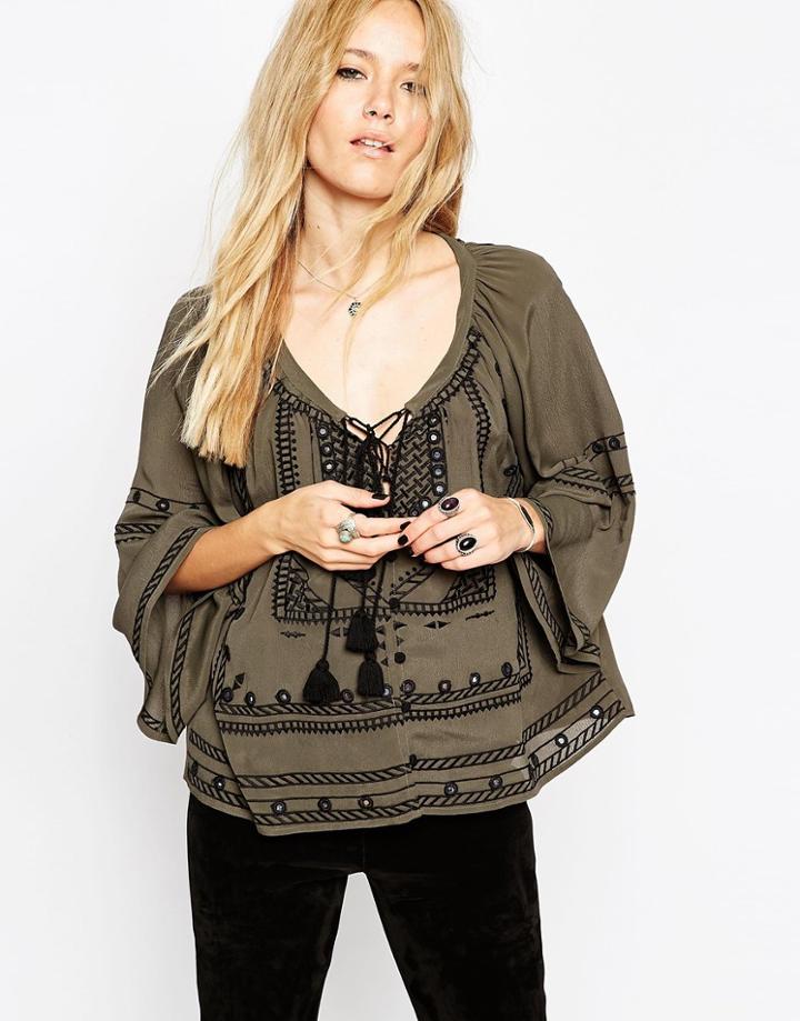 Asos Folk Blouse With Embroidery And Mirror Detail - Khaki