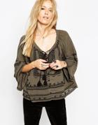 Asos Folk Blouse With Embroidery And Mirror Detail - Khaki