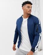 Pull & Bear Bomber Jacket In Navy With Side Stripe - Navy