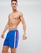 Asos Design Swim Shorts With Stripe Side Tape In Mid Length-blue