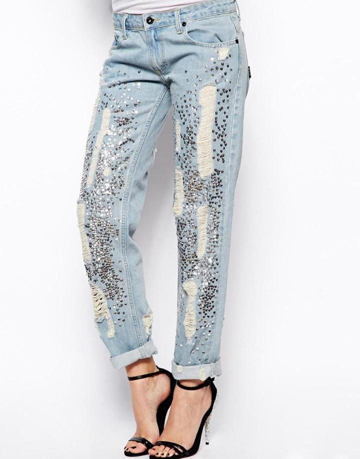 Religion Boyfriend Jeans With Sequin And Ripped Detail