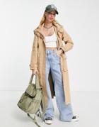 Only Longline Pocket Detail Trench Coat In Beige-brown
