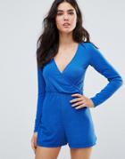 Oh My Love Wrap Front Long Sleeve Romper - Navy