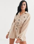 Asos Design Button Front Slouchy Tie Waist Boiler Romper In Jersey Cord