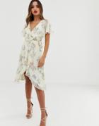 Asos Design Midi Dress With Cape Back And Dipped Hem In Cream Based Floral-multi